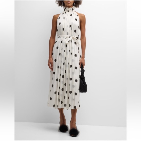 halpern Dresses & Skirts - Halpern Polka-Dot Plisse Belted Halter Midi Dress